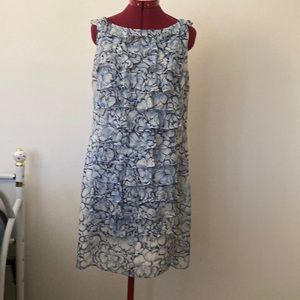 Adrianna Papell blue & cream floral front ruffled lined sleeveless dress size 14